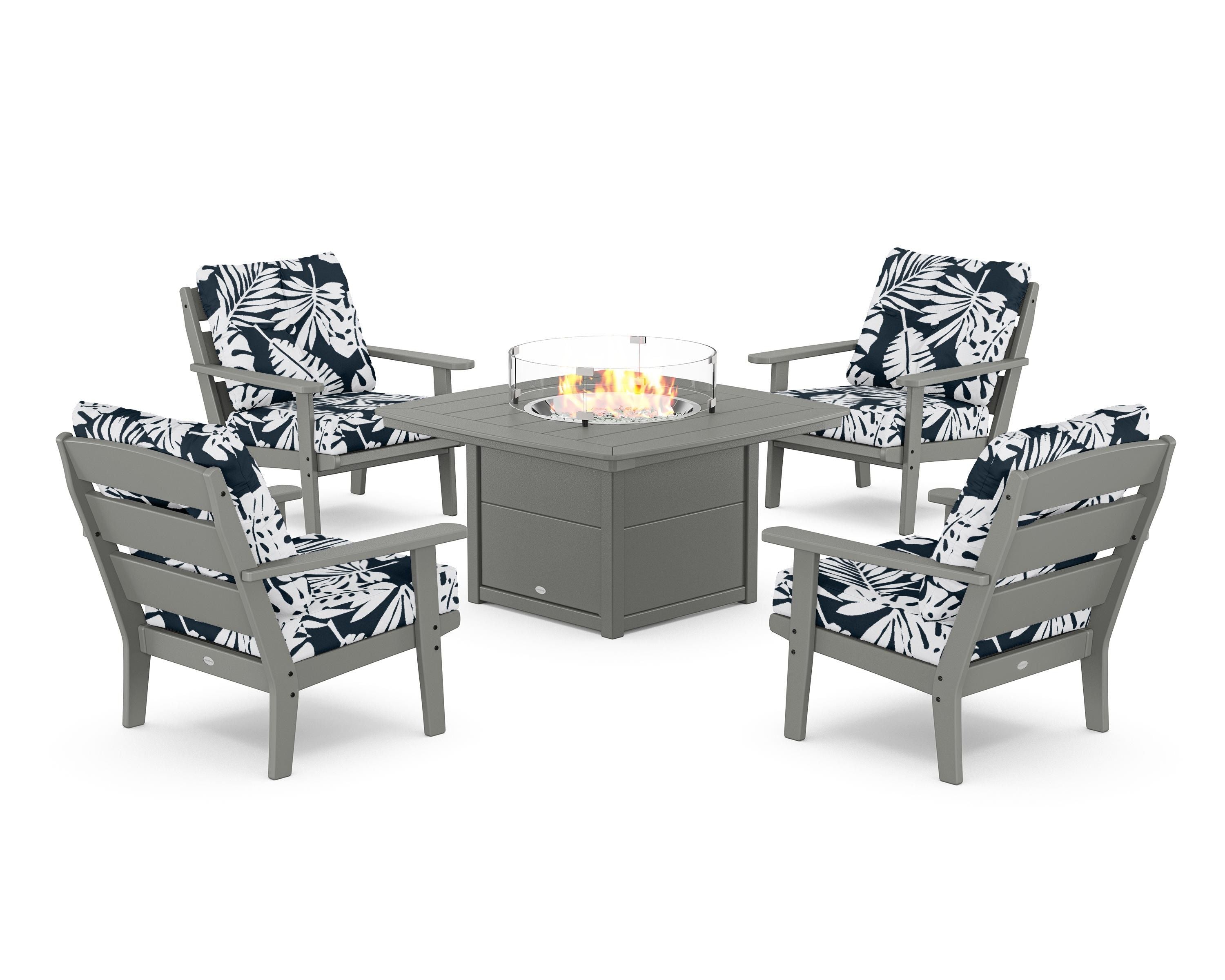 POLYWOOD® Lakeside 5-Piece Deep Seating Set with Nautical Fire Pit Table in Slate Grey / Leaf Marine Indigo