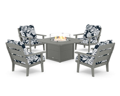 POLYWOOD® Lakeside 5-Piece Deep Seating Set with Nautical Fire Pit Table in Slate Grey / Leaf Marine Indigo