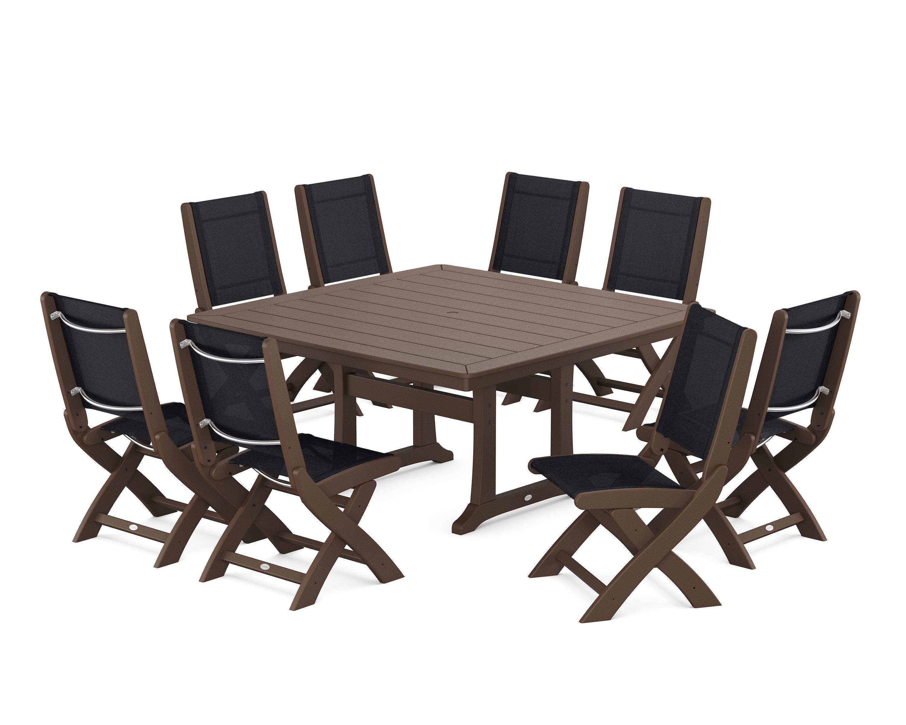 POLYWOOD® Coastal Folding Side Chair 9-Piece Dining Set with Trestle Legs in Mahogany / Black Sling