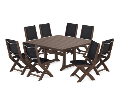 POLYWOOD® Coastal Folding Side Chair 9-Piece Dining Set with Trestle Legs in Mahogany / Black Sling