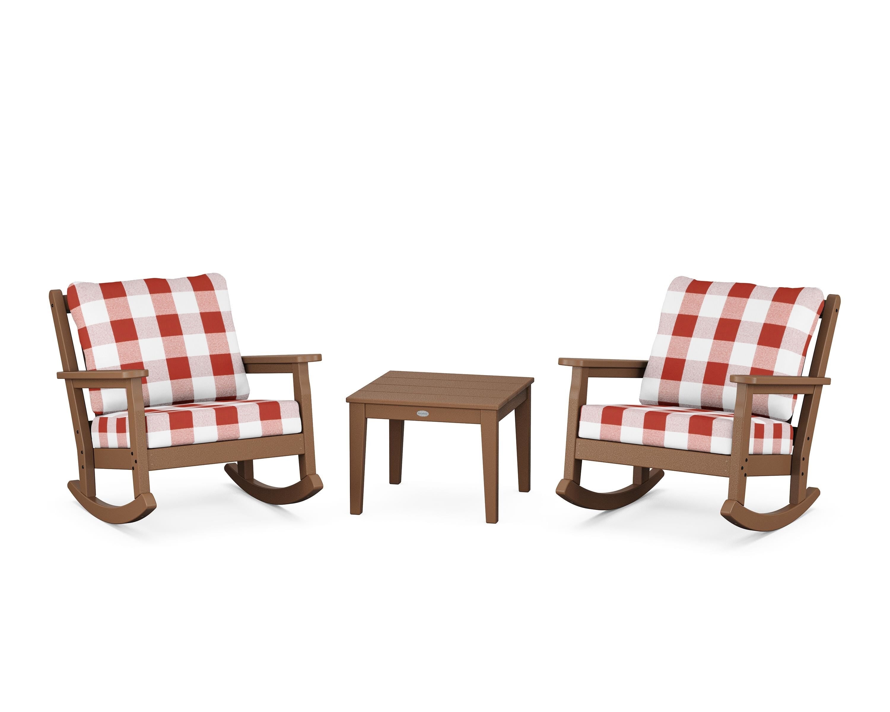 POLYWOOD® Chippendale 3-Piece Deep Seating Rocker Set in Teak / Buffalo Plaid Crimson