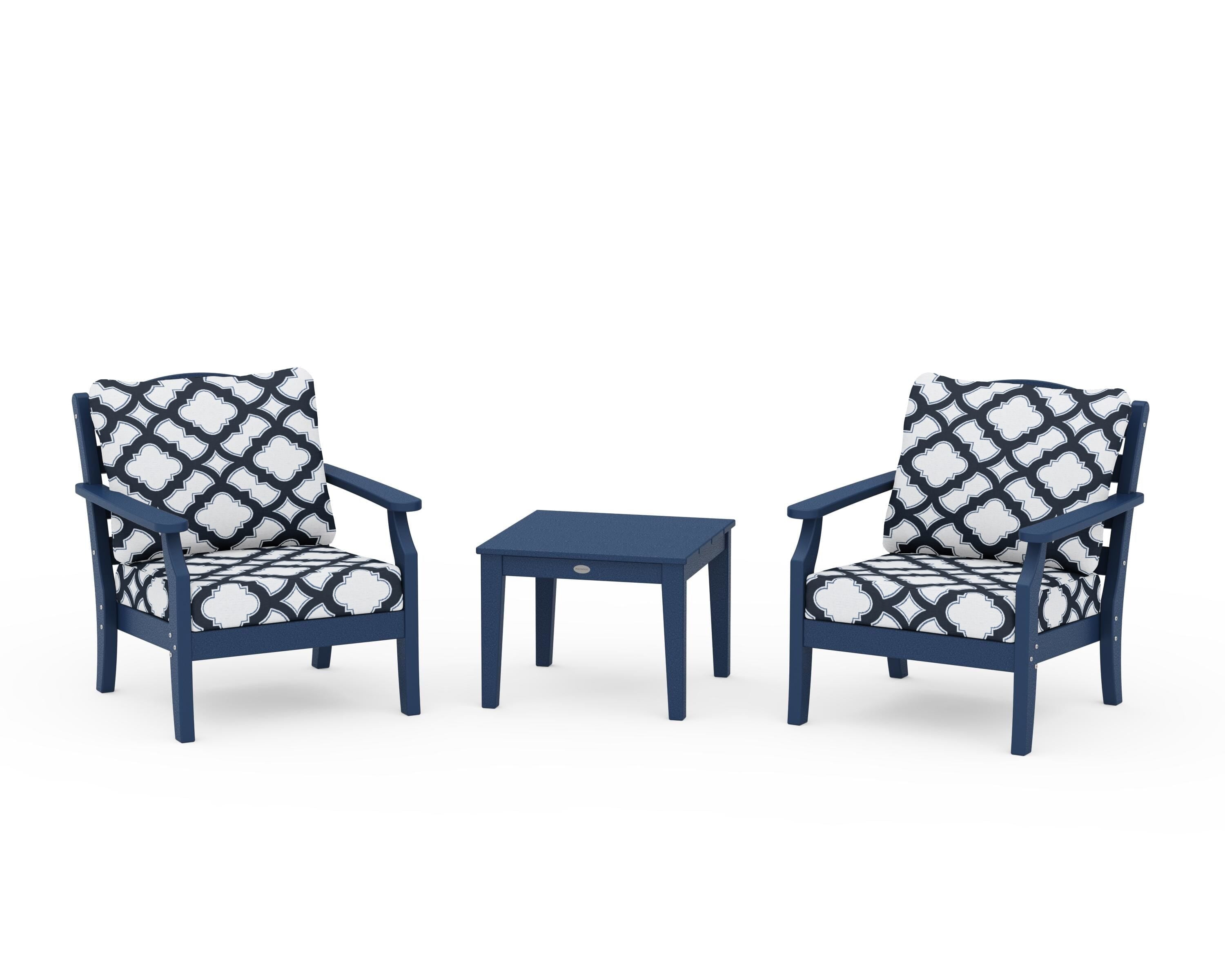 Draper James™ by  POLYWOOD® Savannah 3-Piece Deep Seating Set in Navy / Trellis Marine Indigo