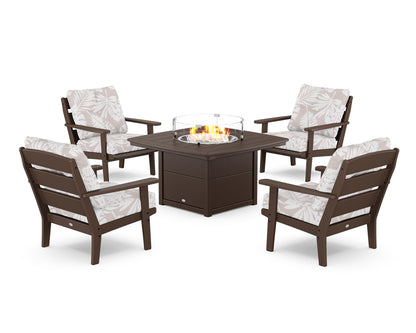 POLYWOOD® Lakeside 5-Piece Deep Seating Set with Nautical Fire Pit Table in Mahogany / Leaf Dune Burlap