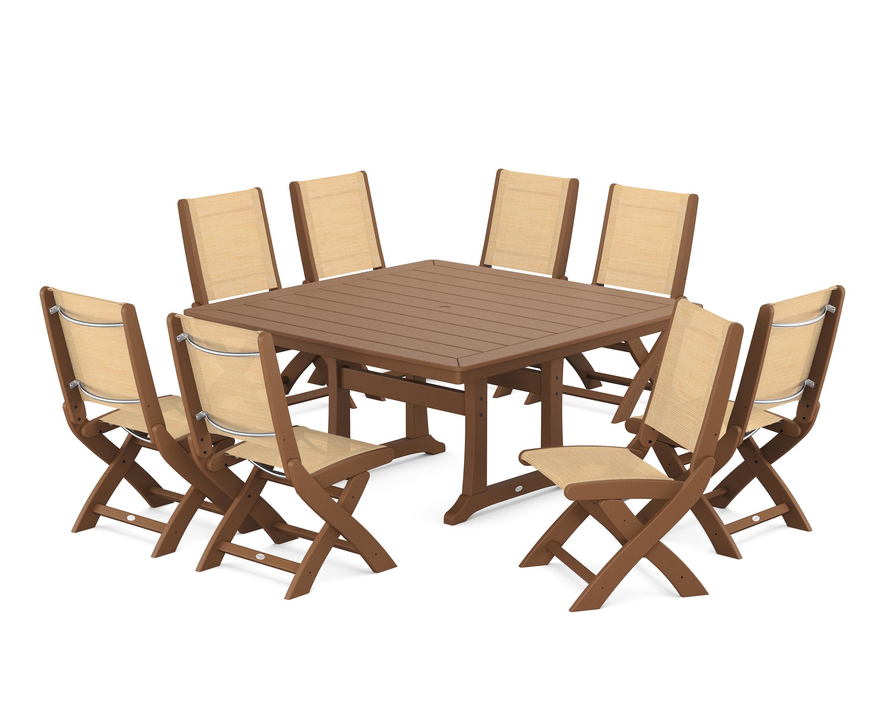 POLYWOOD® Coastal Folding Side Chair 9-Piece Dining Set with Trestle Legs in Teak / Dupioni Apricot Sling