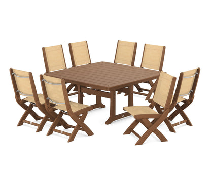 POLYWOOD® Coastal Folding Side Chair 9-Piece Dining Set with Trestle Legs in Teak / Dupioni Apricot Sling