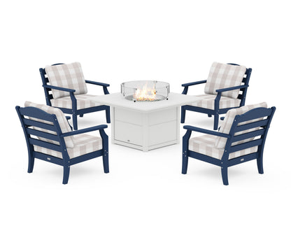 Draper James™ by  POLYWOOD® Savannah 5-Piece Deep Seating Set with Fire Pit Table in Navy / Buffalo Plaid Dune Burlap