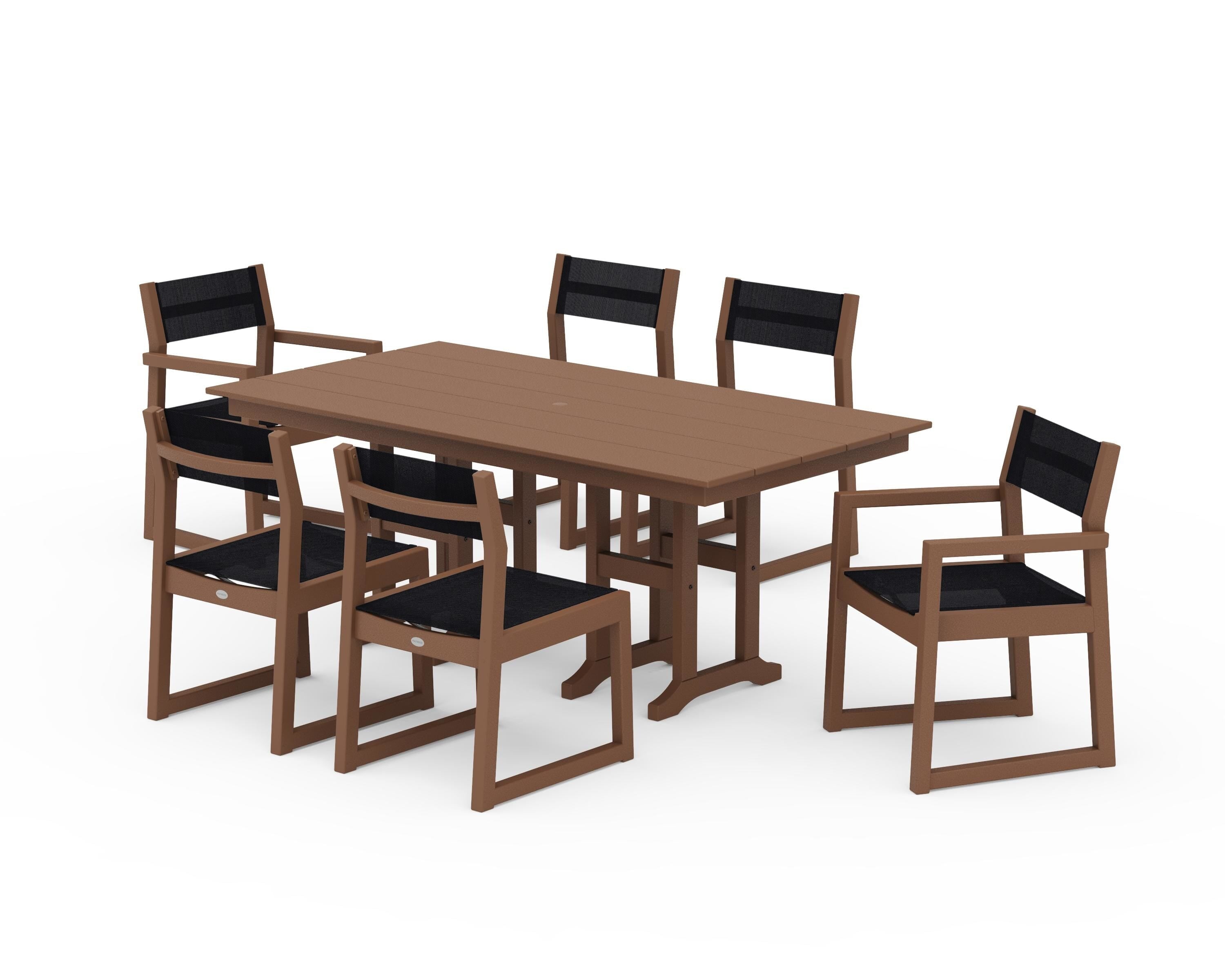 POLYWOOD® EDGE Sling 7-Piece Farmhouse Dining Set in Teak / Black Sling