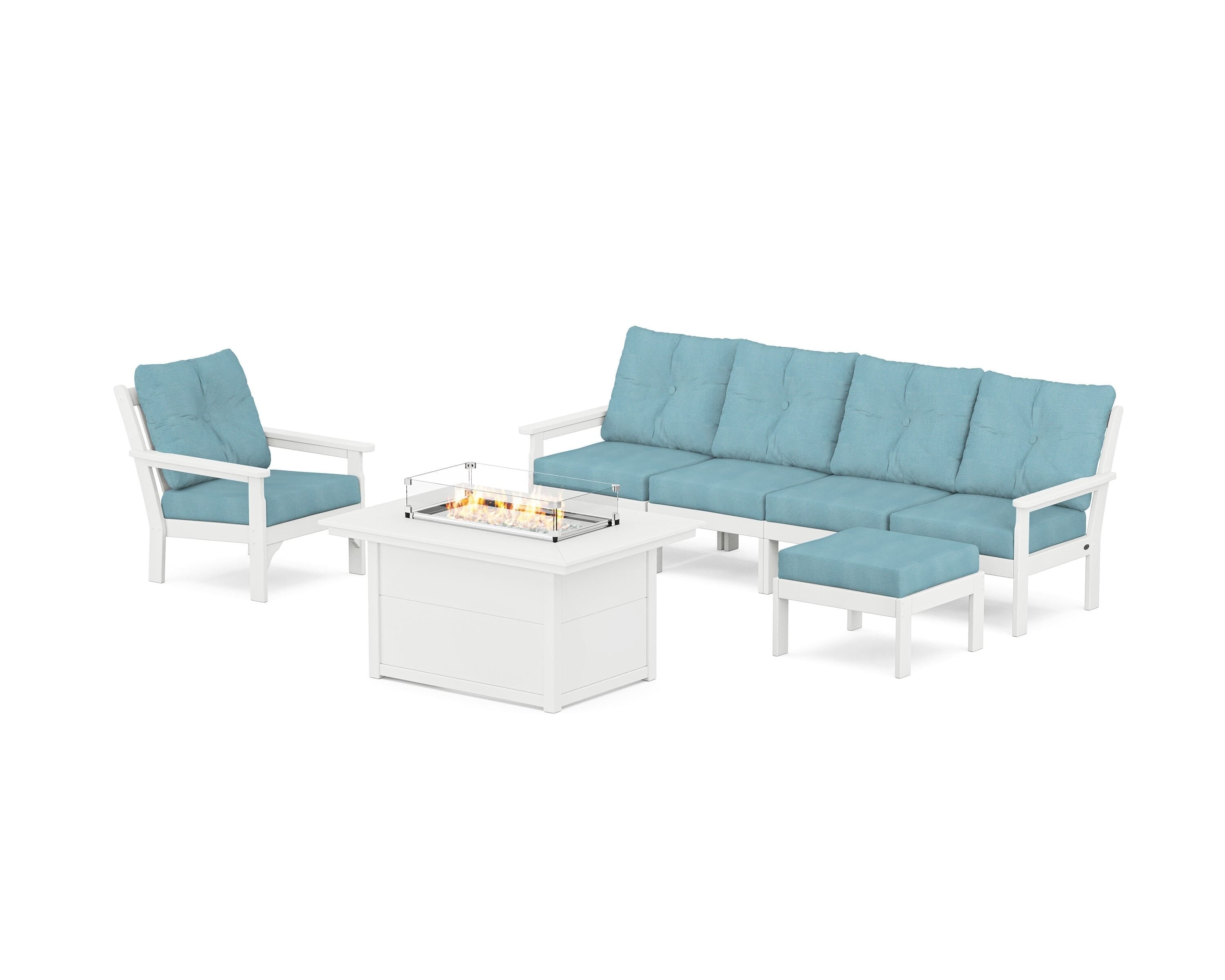 POLYWOOD® Vineyard Sectional Lounge and Fire Pit Set in White / Lattice Sky Blue