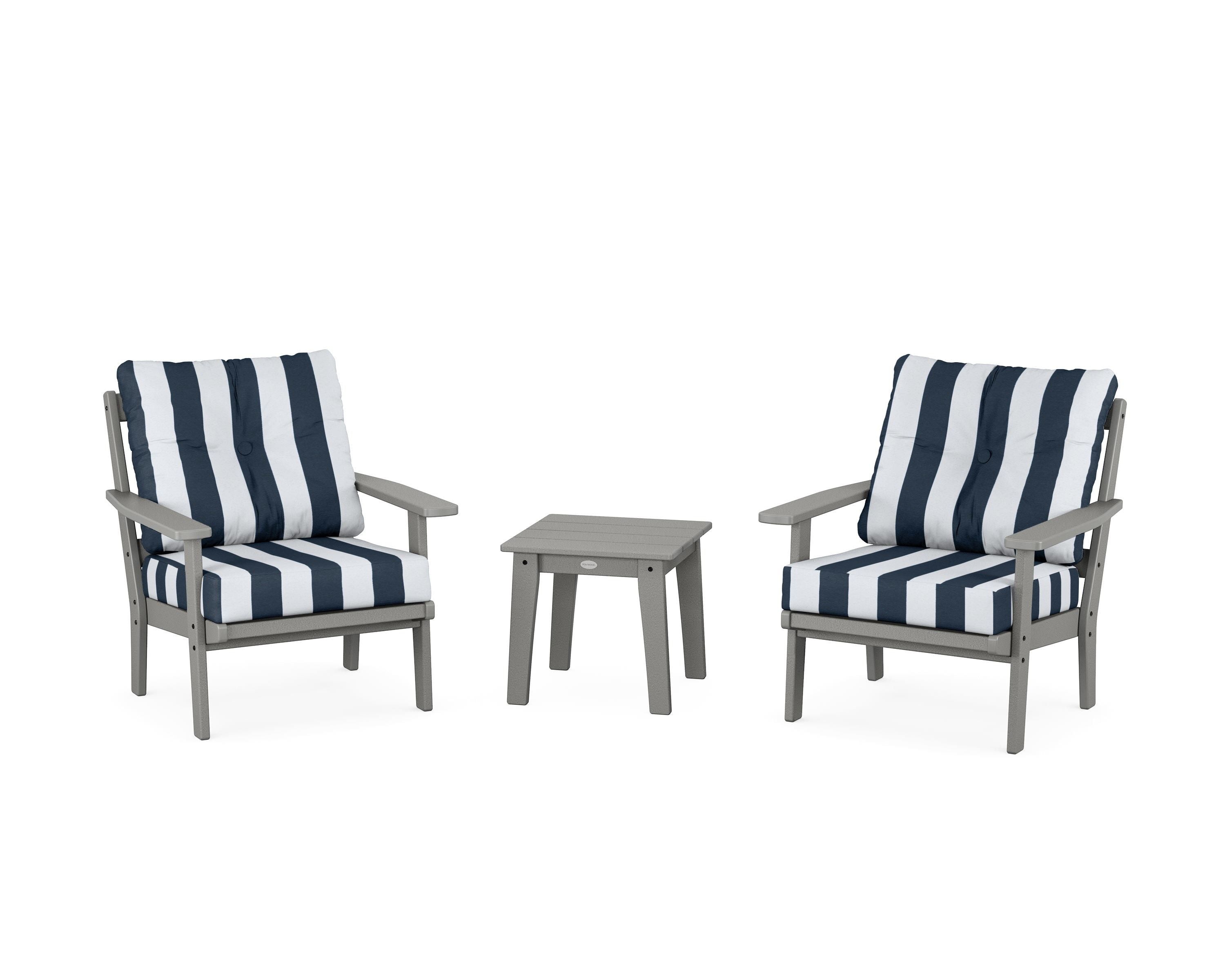 POLYWOOD® Oxford 3-Piece Deep Seating Set in Slate Grey / Cabana Stripe Marine Indigo