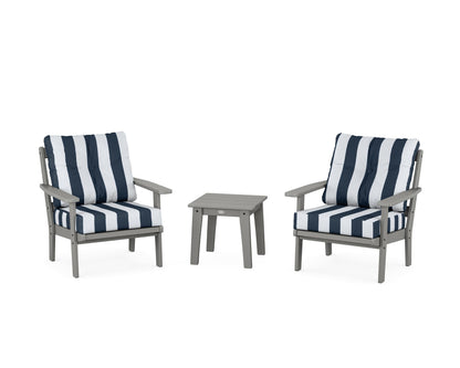 POLYWOOD® Oxford 3-Piece Deep Seating Set in Slate Grey / Cabana Stripe Marine Indigo