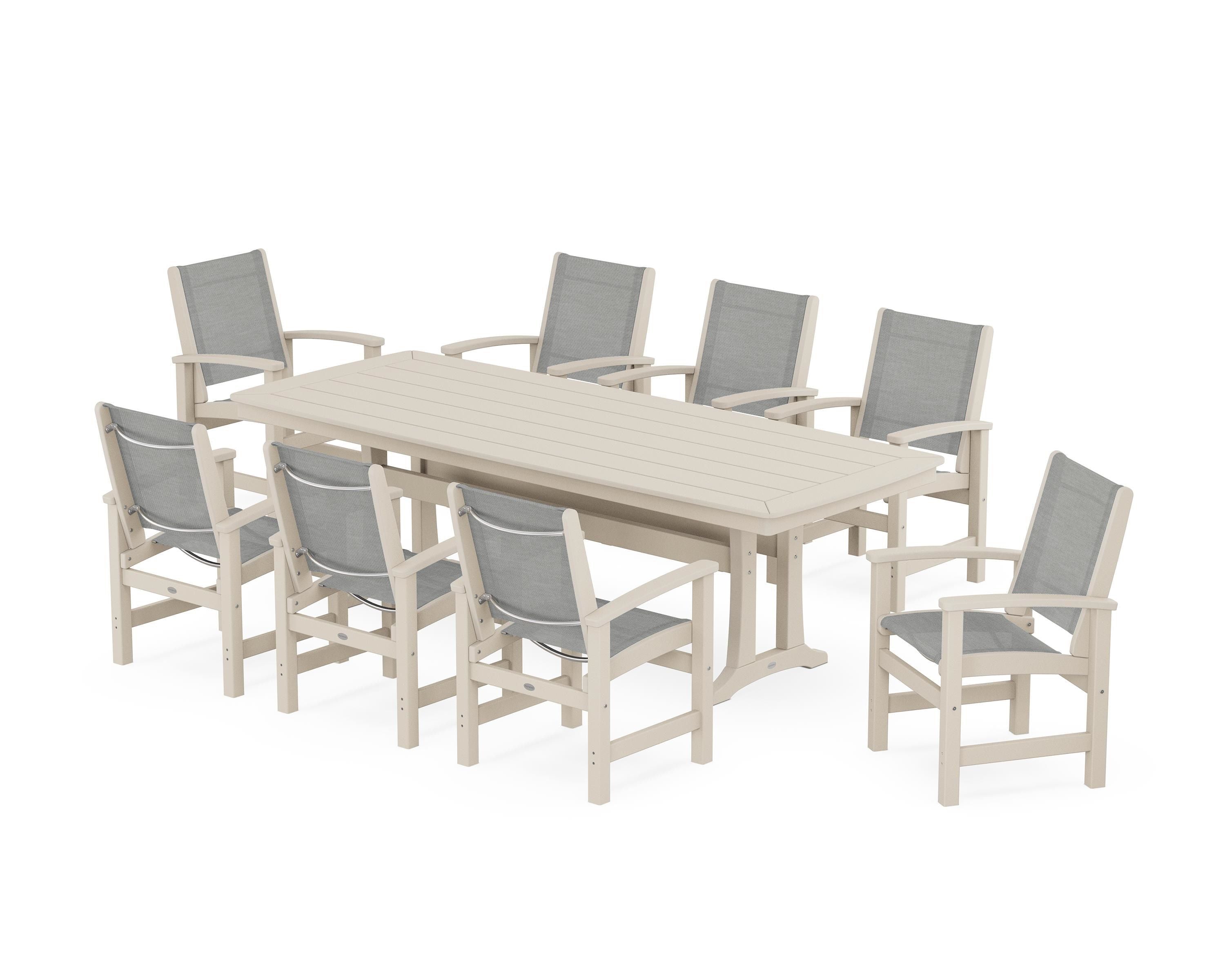 POLYWOOD® Coastal 9-Piece Dining Set with Trestle Legs in Sand / Metallic Sling