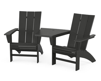 POLYWOOD® Modern 3-Piece Curveback Adirondack Set with Angled Connecting Table in Black