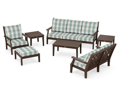 Country Living Wovendale 7-Piece Deep Seating Set in Mahogany / Buffalo Plaid Glacier Spa