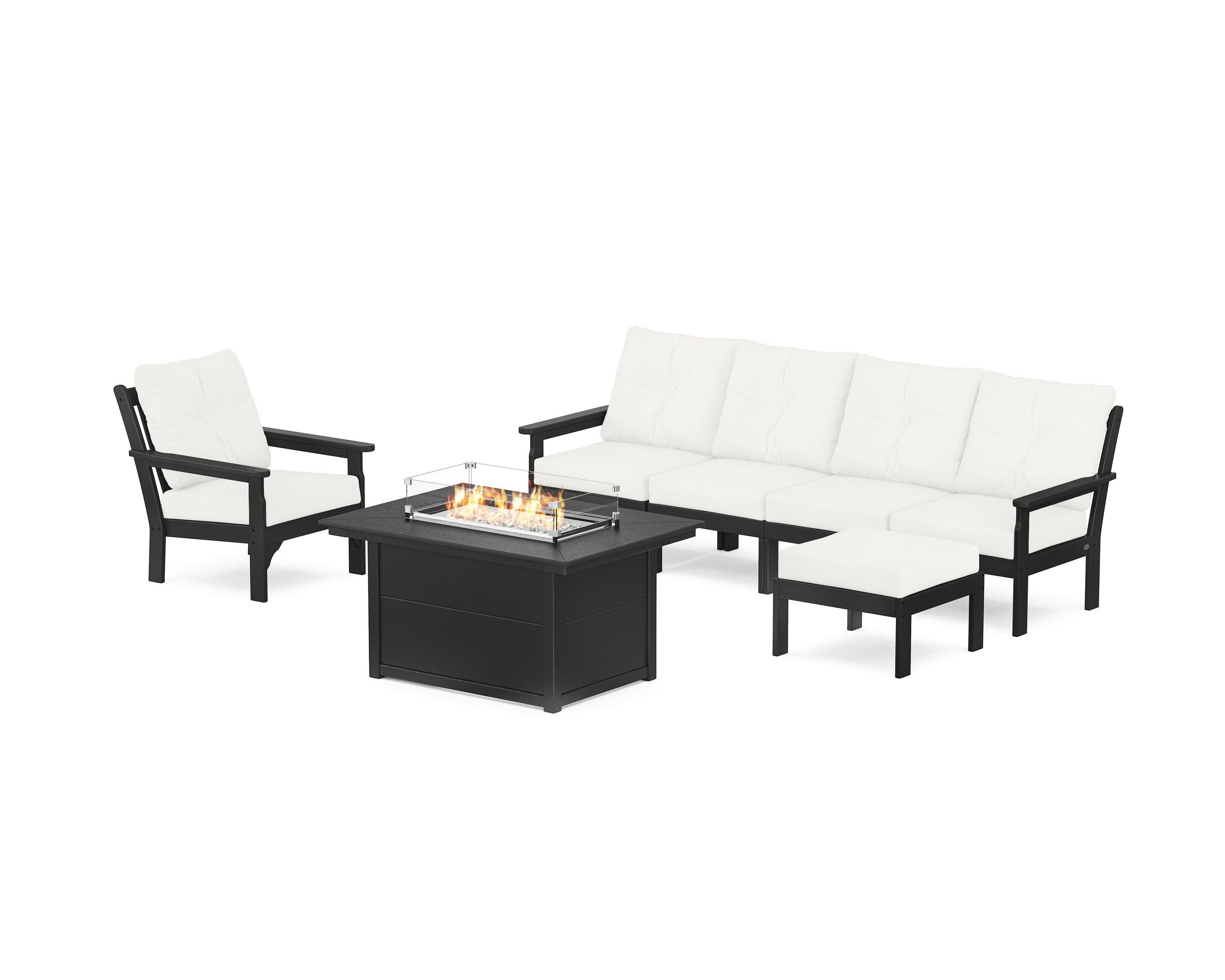 POLYWOOD® Vineyard Sectional Lounge and Fire Pit Set in Black / Natural Linen