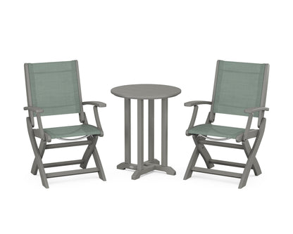 POLYWOOD® Coastal Folding 3-Piece Round Bistro Dining Set in Slate Grey / Dupioni Sea Mist Sling