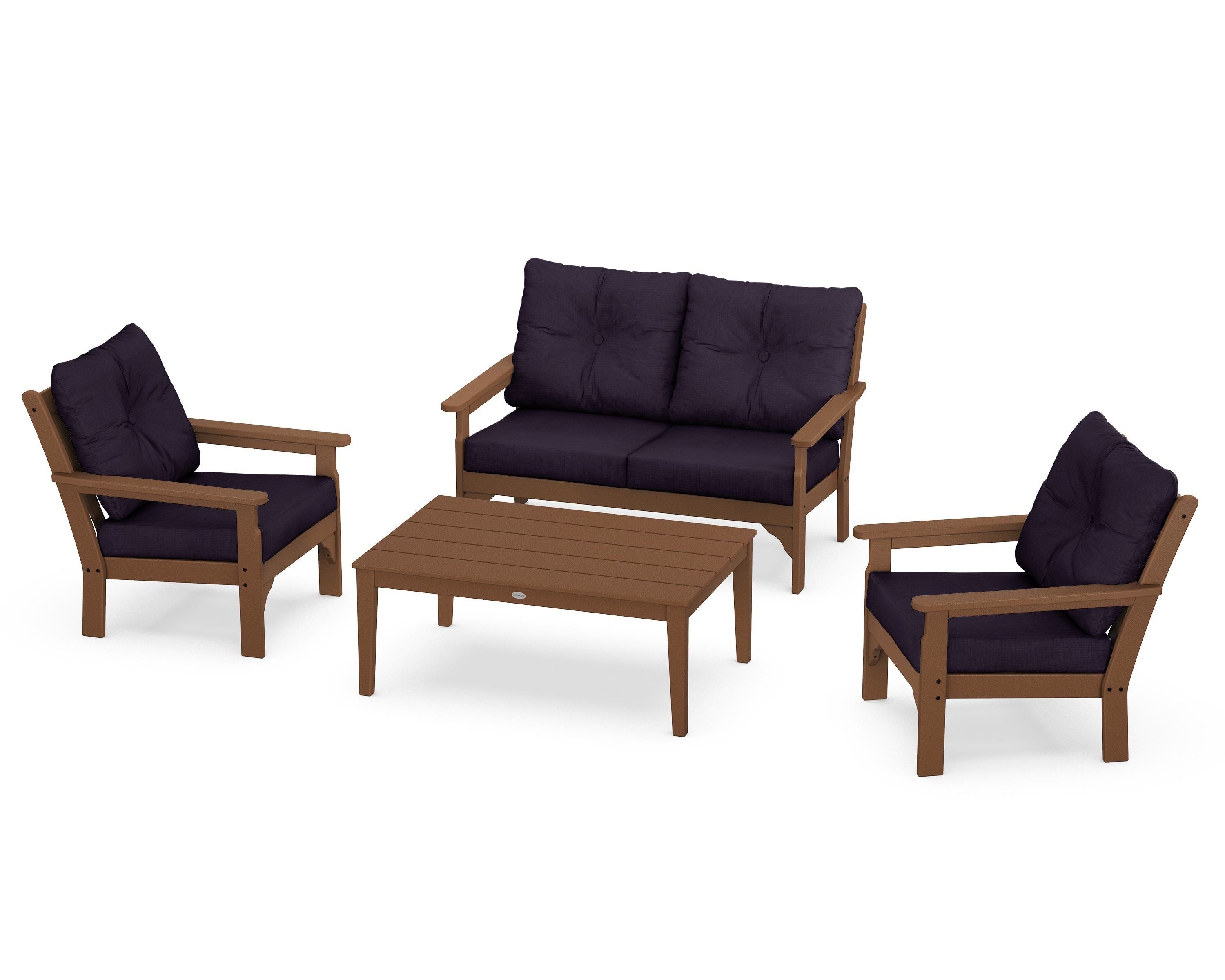 POLYWOOD® Vineyard 4-Piece Deep Seating Set in Teak / Navy Linen