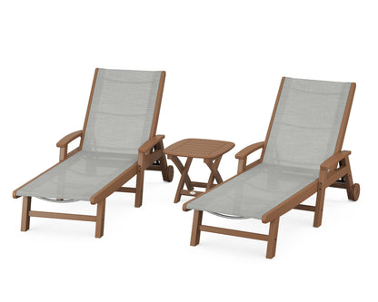 POLYWOOD® Coastal 3-Piece Wheeled Chaise Set in Teak / Metallic Sling