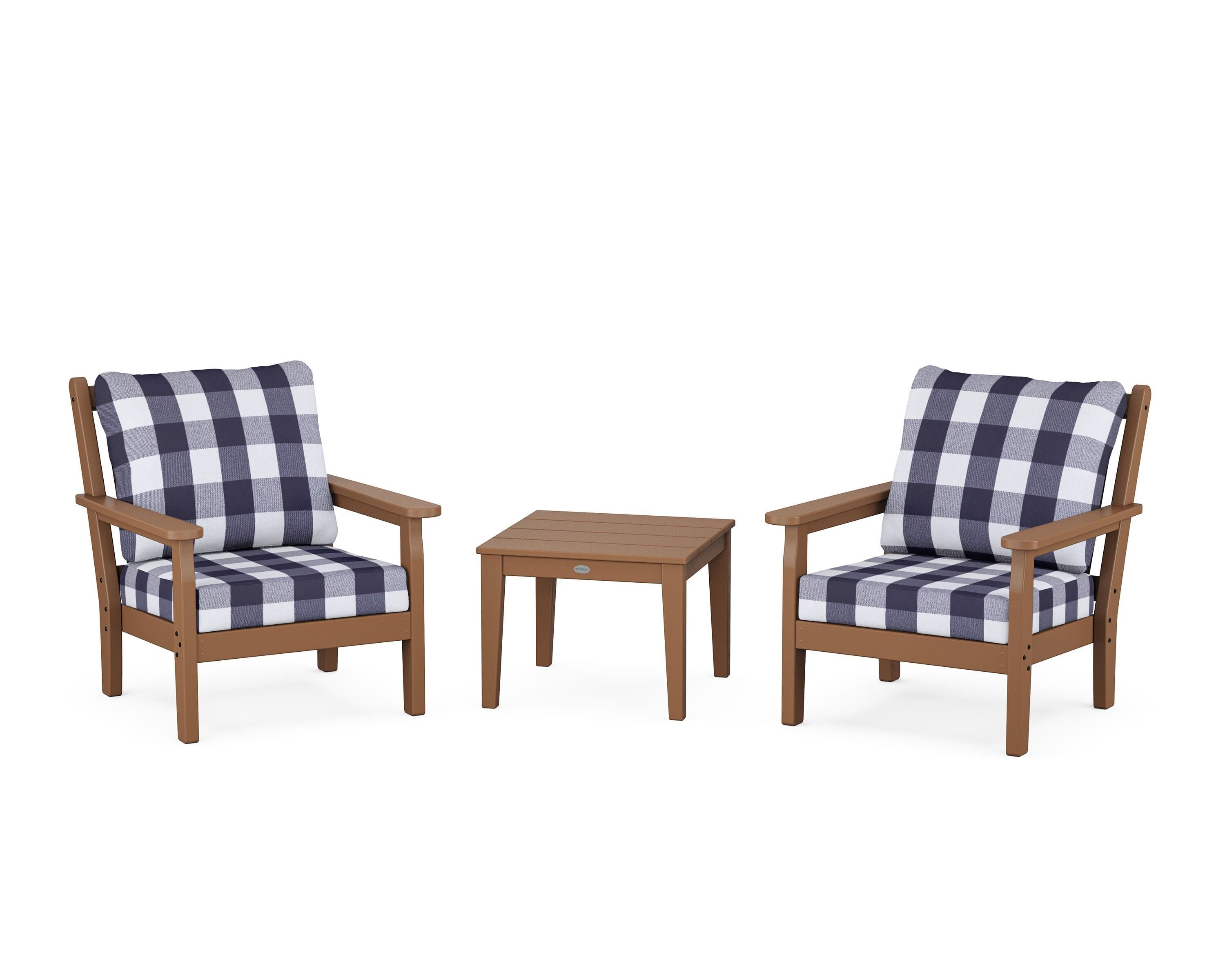 POLYWOOD® Chippendale 3-Piece Deep Seating Set in Teak / Buffalo Plaid Navy