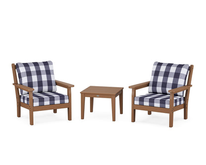 POLYWOOD® Chippendale 3-Piece Deep Seating Set in Teak / Buffalo Plaid Navy