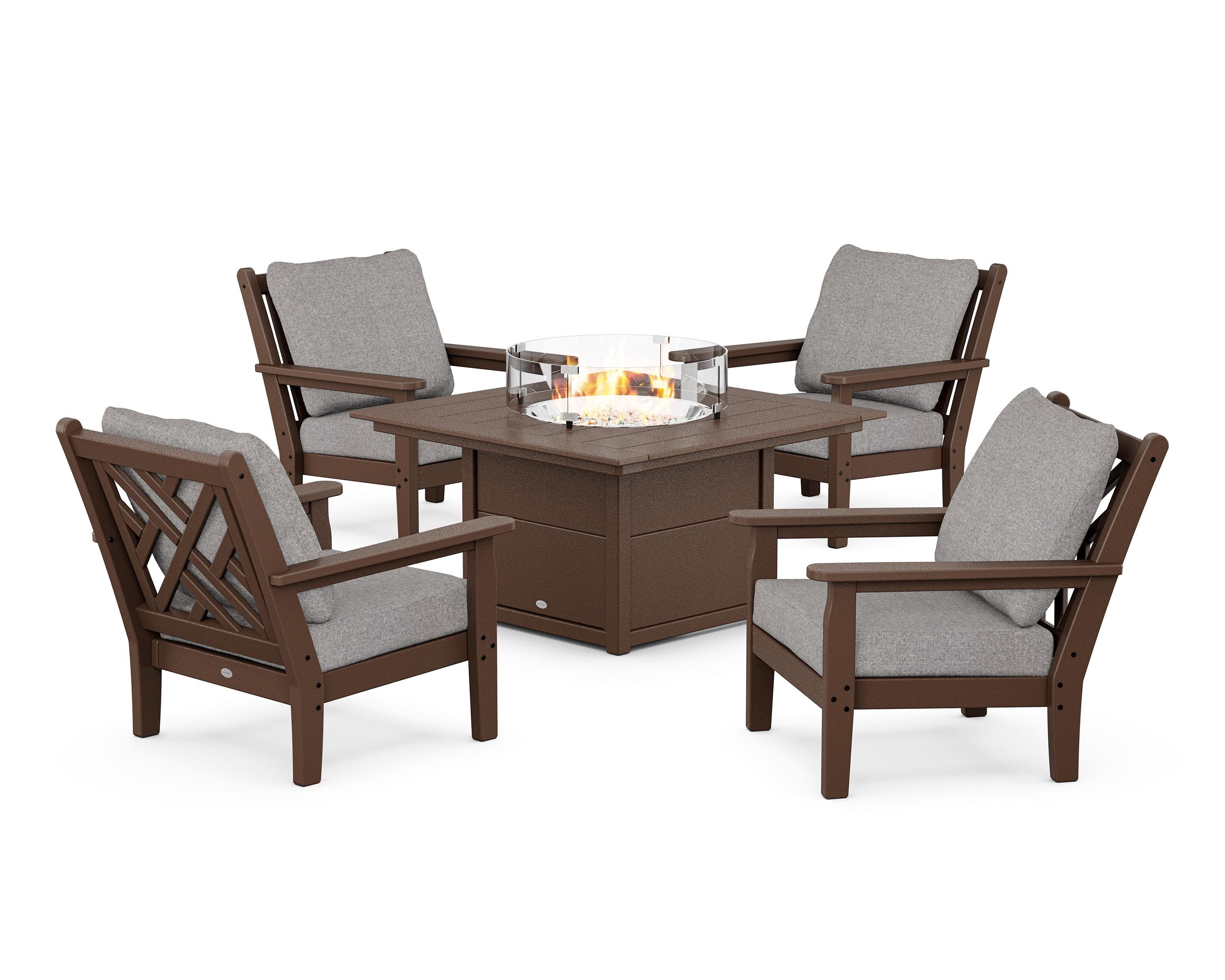 POLYWOOD® Chippendale 5-Piece Deep Seating Set with Fire Pit Table in Mahogany / Grey Mist