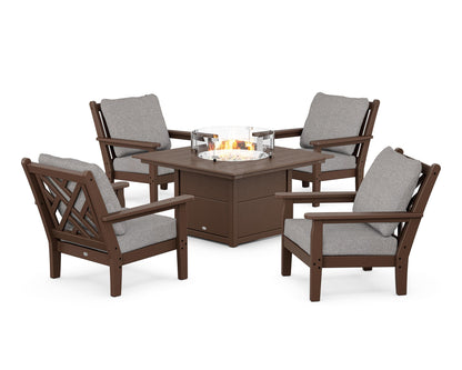 POLYWOOD® Chippendale 5-Piece Deep Seating Set with Fire Pit Table in Mahogany / Grey Mist