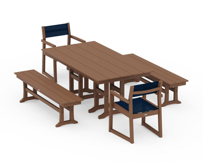 POLYWOOD® EDGE Sling Arm Chair 5-Piece Farmhouse Dining Set with Benches in Teak / Navy Blue Sling