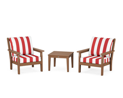 POLYWOOD® Chippendale 3-Piece Deep Seating Set in Teak / Cabana Stripe Crimson