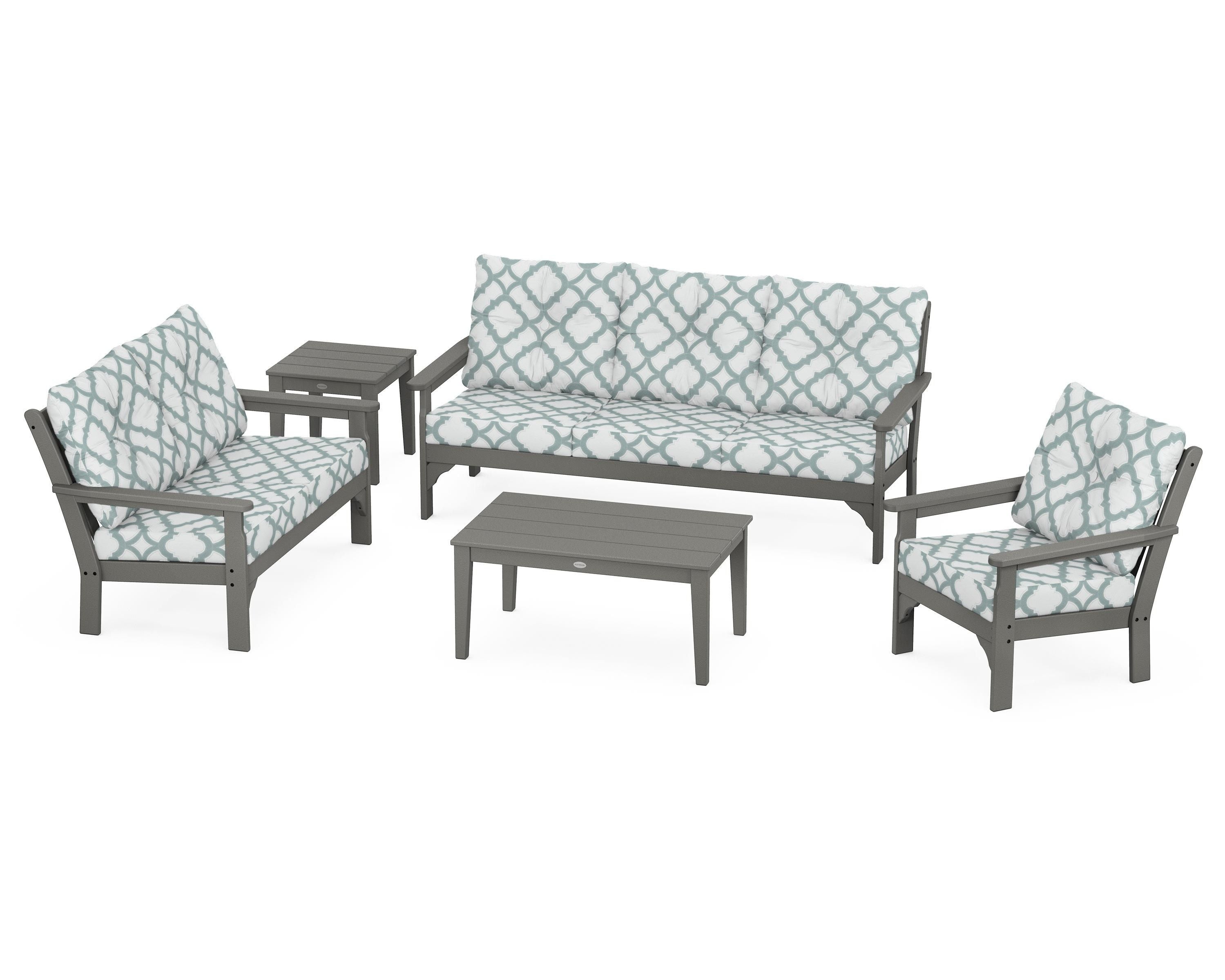POLYWOOD® Vineyard 5 Piece Deep Seating Set in Slate Grey / Trellis Glacier Spa