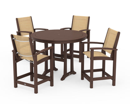 POLYWOOD® Coastal 5-Piece Counter Set in Mahogany / Dupioni Apricot Sling