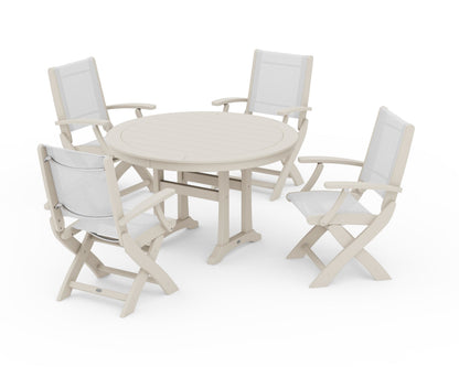 POLYWOOD® Coastal Folding Chair 5-Piece Round Dining Set with Trestle Legs in Sand / White Sling