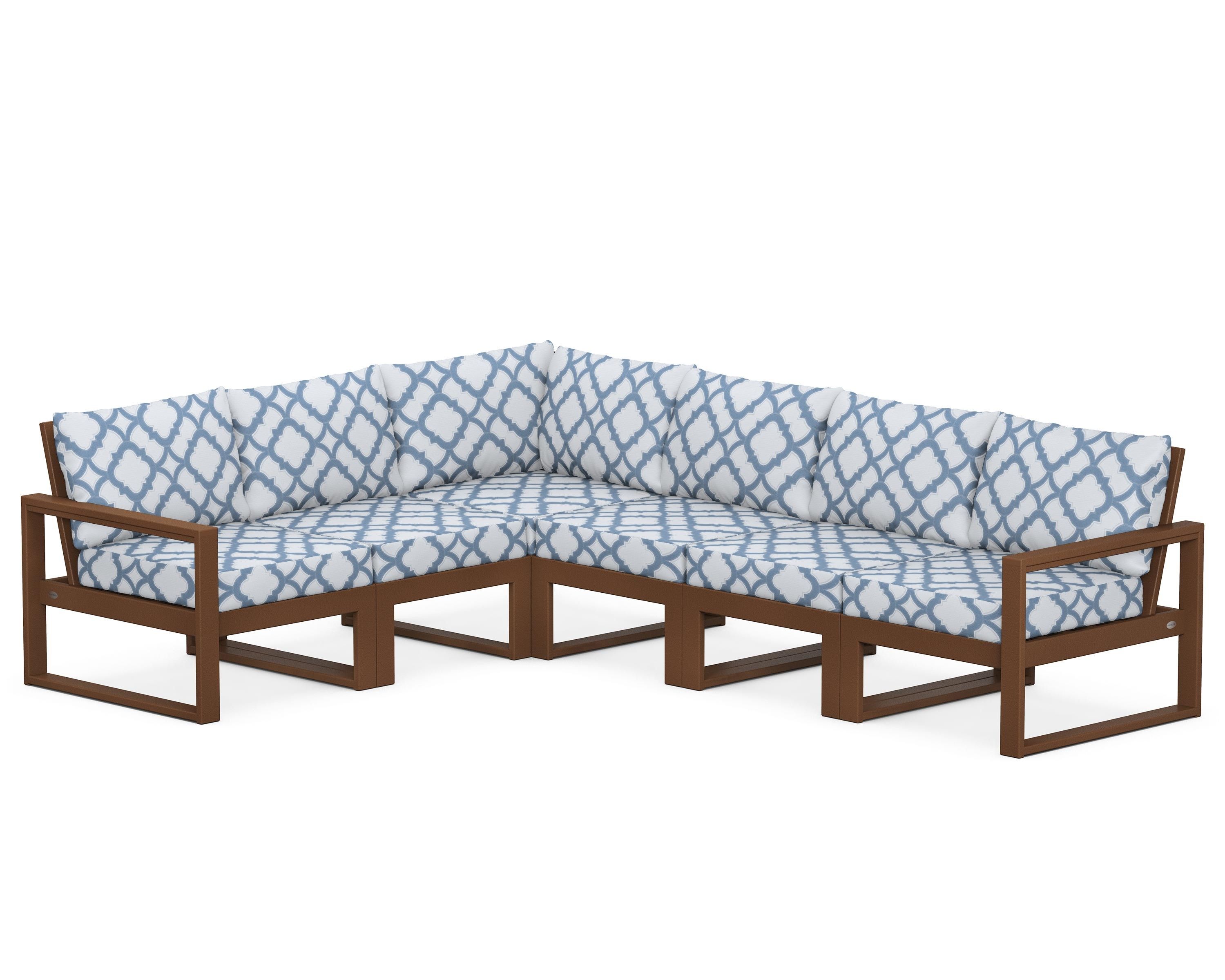 POLYWOOD® EDGE 6-Piece Modular Deep Seating Set in Teak / Trellis Sky Blue