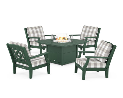 Martha Stewart by POLYWOOD® Chinoiserie 5-Piece Deep Seating Set with Fire Pit Table in Green / Buffalo Plaid Grey Mist