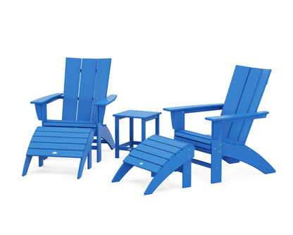 POLYWOOD® Modern Curveback Adirondack Chair 5-Piece Set with Ottomans and 18" Side Table in Pacific Blue