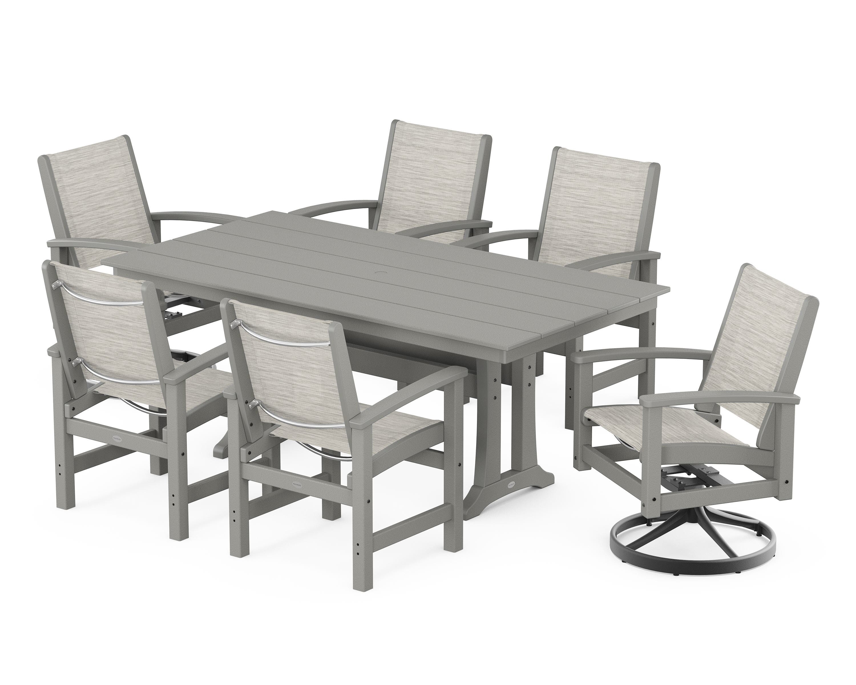 POLYWOOD® 7 Piece Coastal Dining Set in Textured Black / Slate Grey / Birch Sling