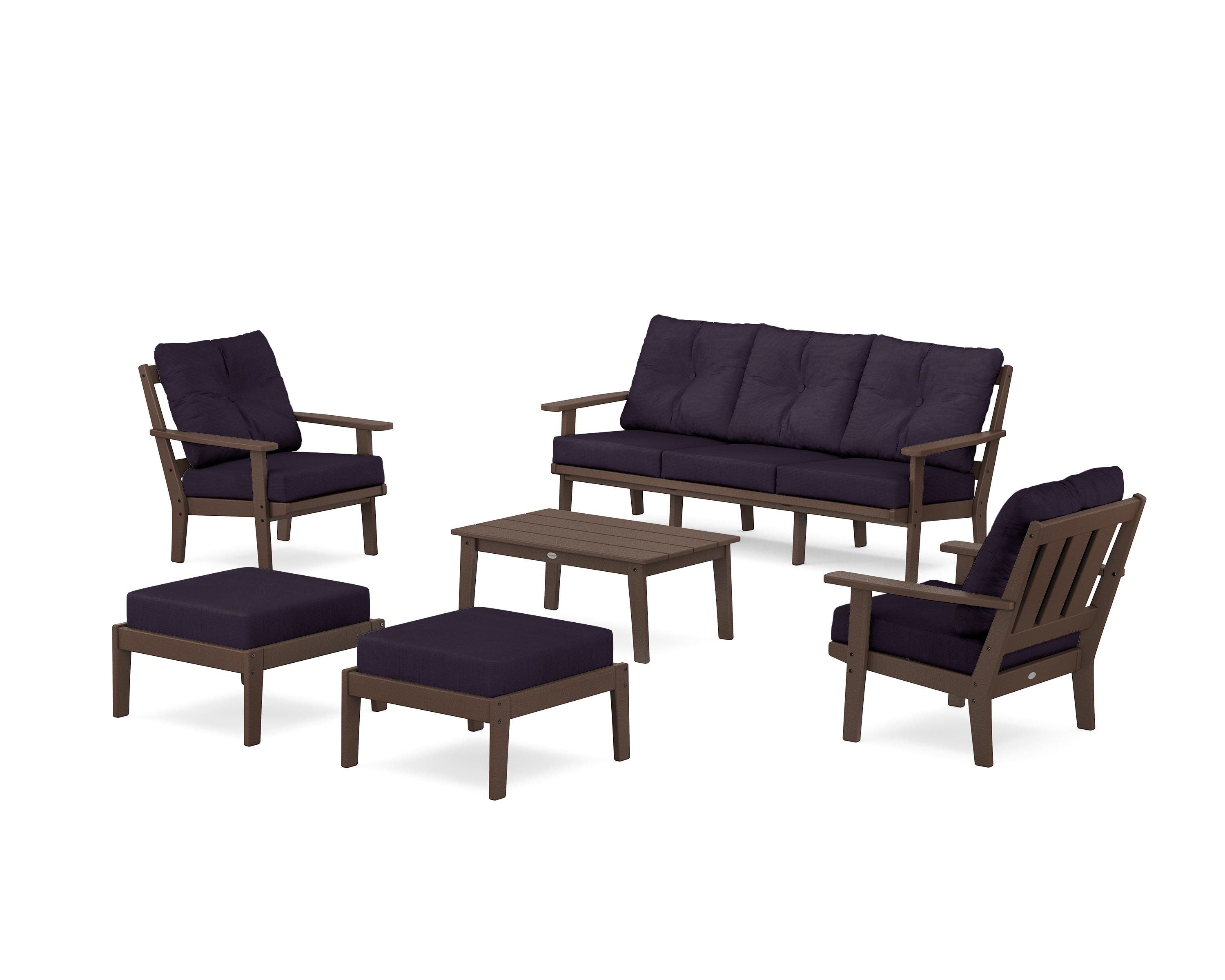 POLYWOOD® Oxford 6-Piece Lounge Sofa Set in Mahogany / Navy Linen