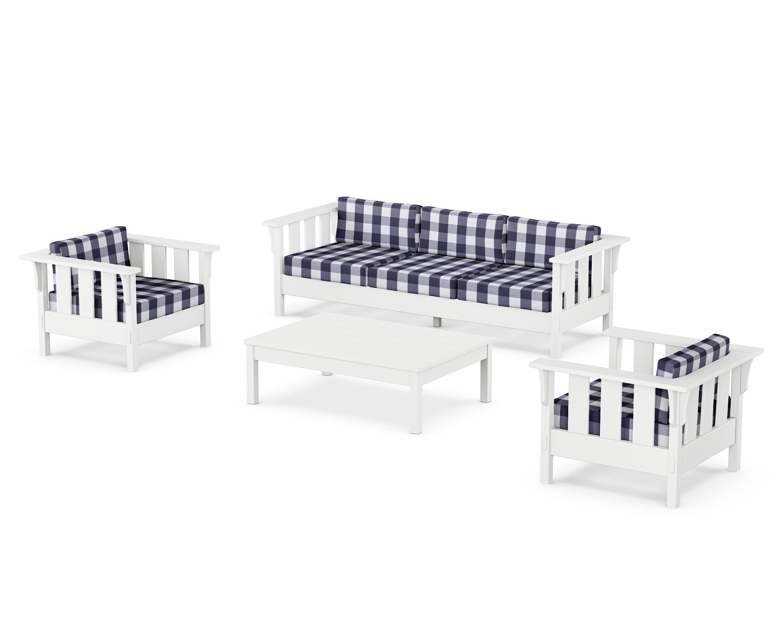 Martha Stewart by POLYWOOD® Acadia 4-Piece Deep Seating Set with Sofa in White / Buffalo Plaid Navy