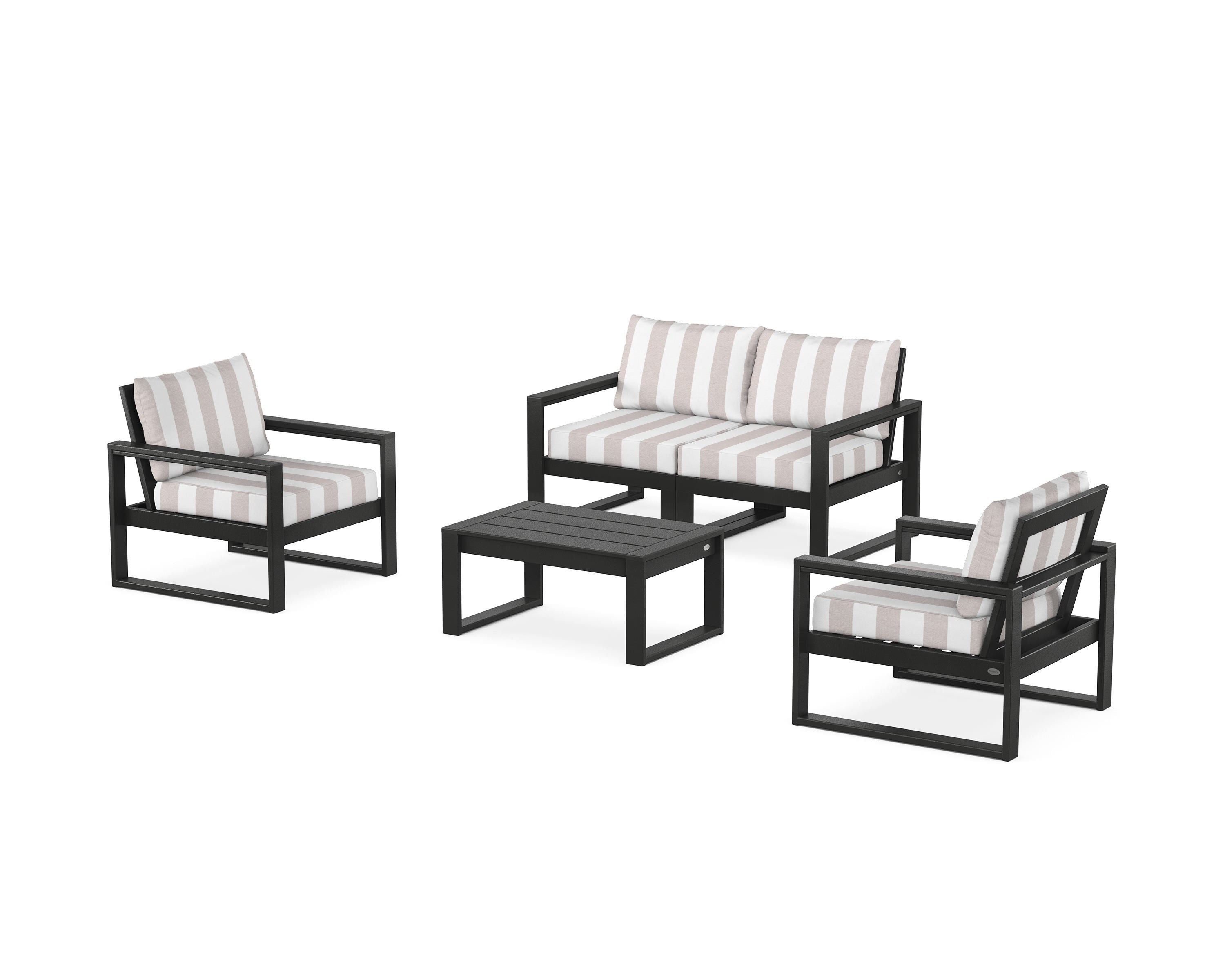 POLYWOOD® EDGE Sectional 4-Piece Deep Seating Set with Loveseat in Black / Cabana Stripe Dune Burlap