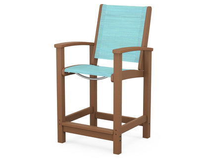 POLYWOOD® Coastal Counter Chair in Teak / Dupioni Aquamarine Sling