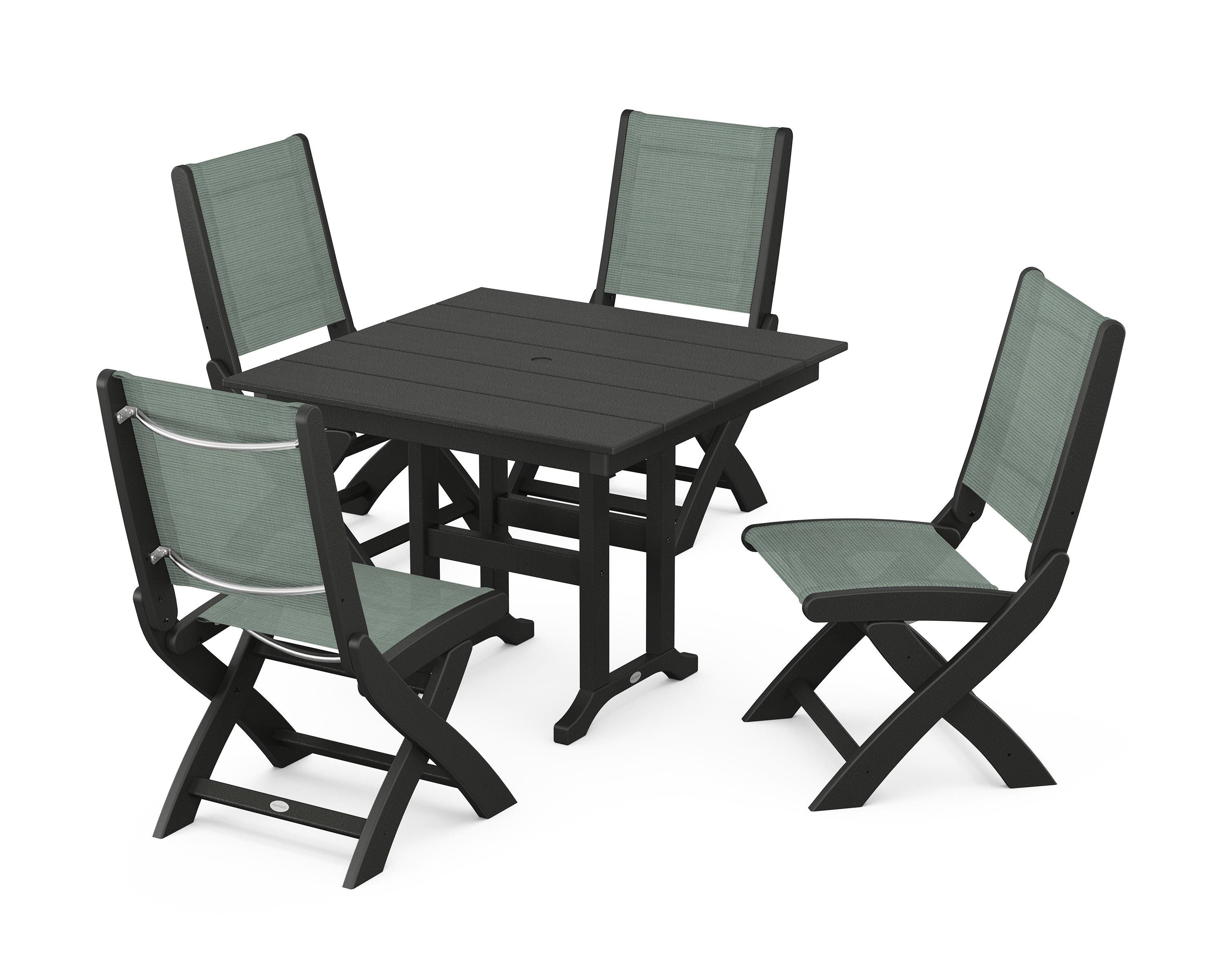POLYWOOD® Coastal Folding Side Chair 5-Piece Farmhouse Dining Set in Black / Dupioni Sea Mist Sling