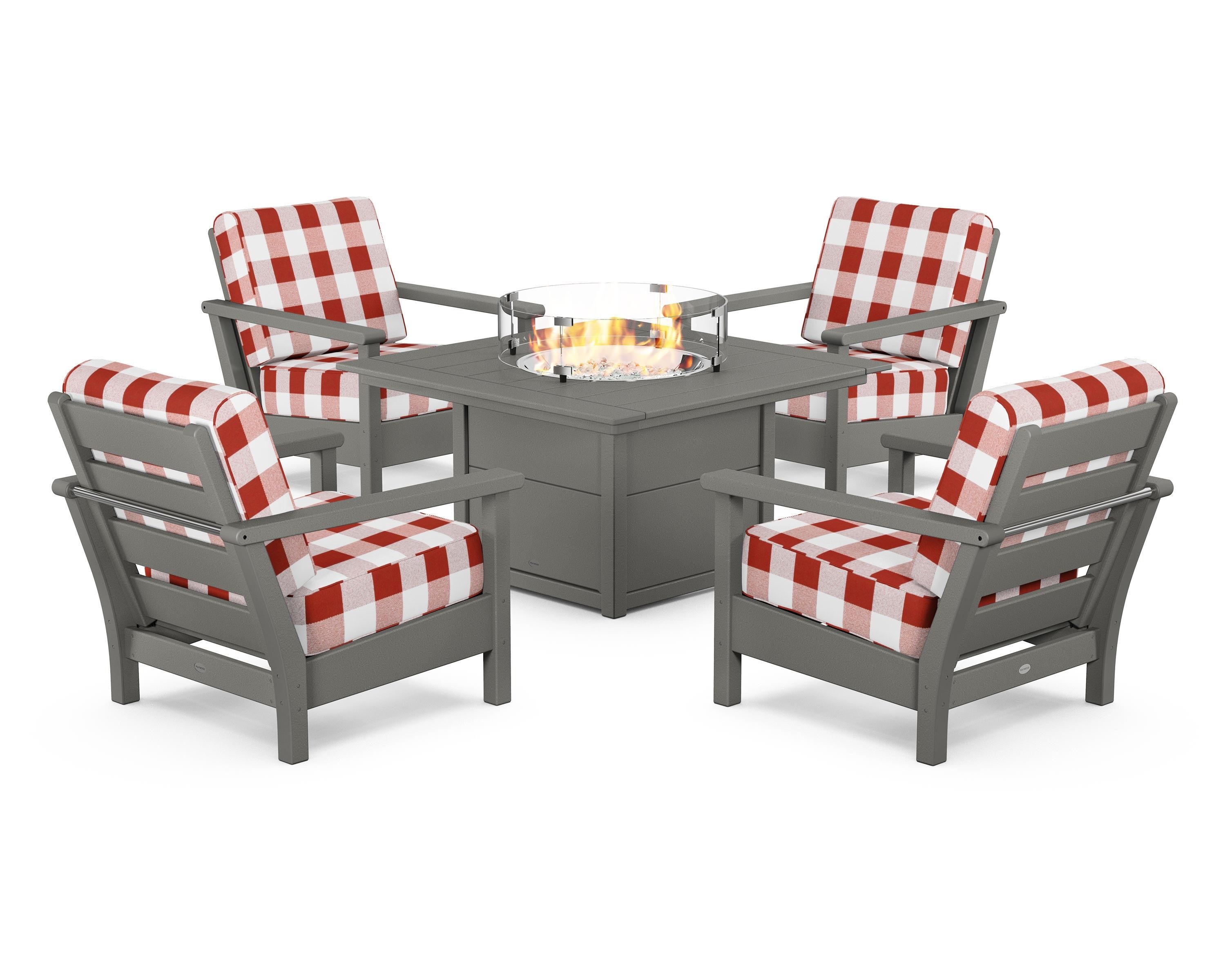 POLYWOOD® Harbour 5-Piece Conversation Set with Fire Pit Table in Slate Grey / Buffalo Plaid Crimson