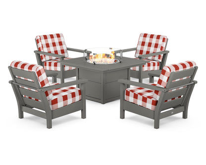 POLYWOOD® Harbour 5-Piece Conversation Set with Fire Pit Table in Slate Grey / Buffalo Plaid Crimson