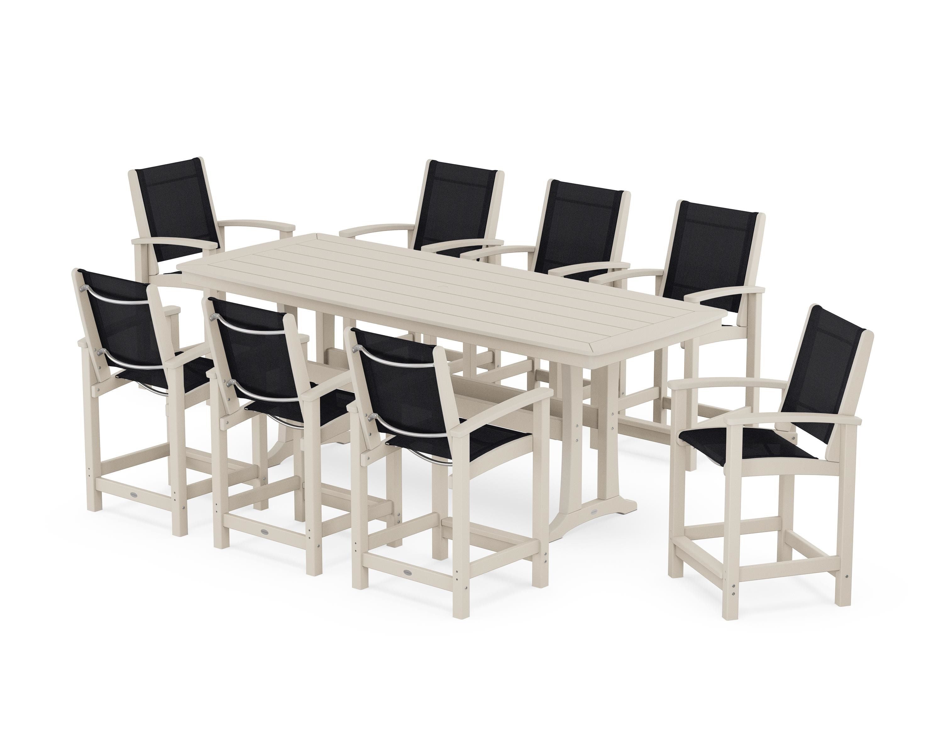 POLYWOOD® Coastal 9-Piece Counter Set with Trestle Legs in Sand / Black Sling