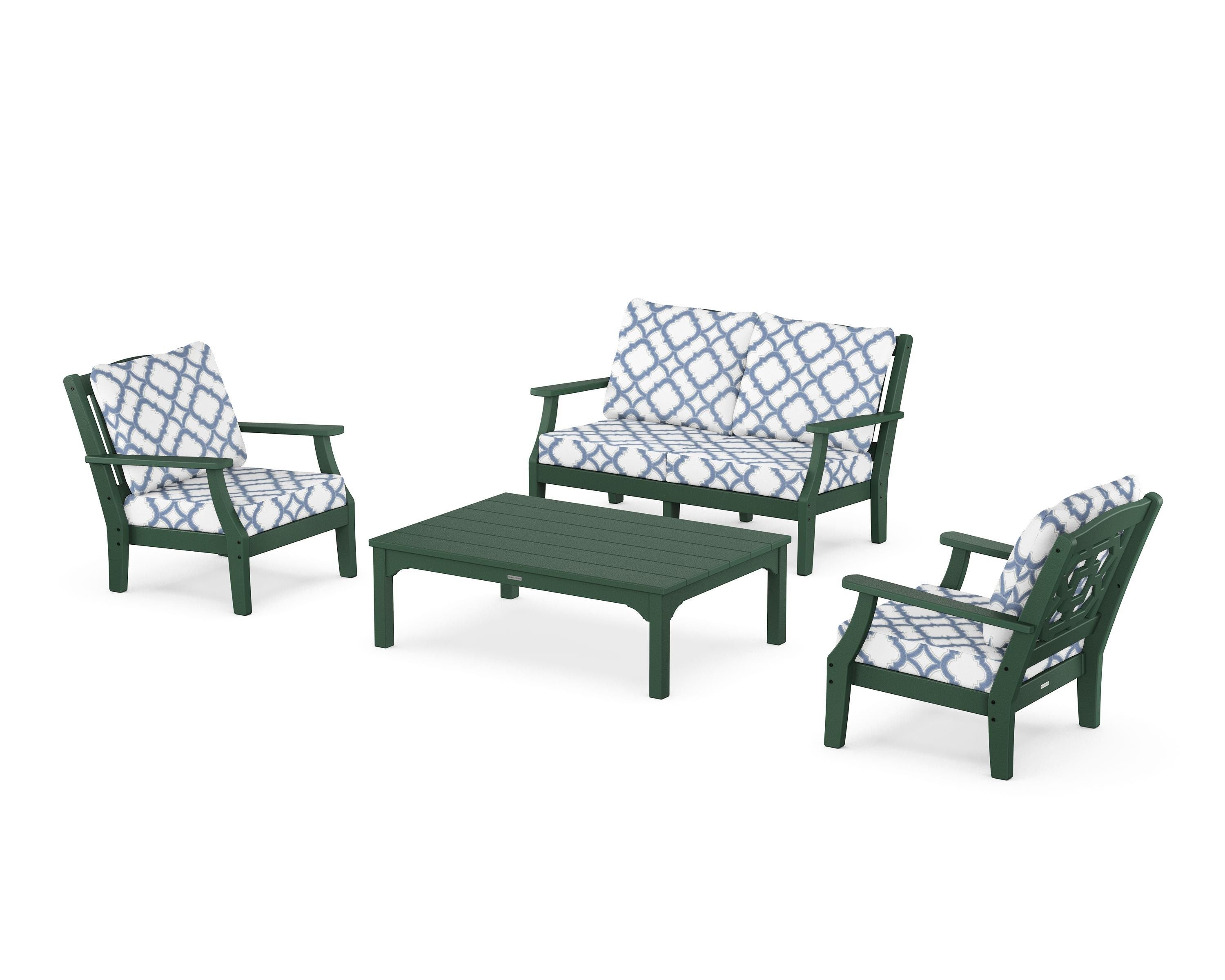 Martha Stewart by POLYWOOD® Chinoiserie 4-Piece Deep Seating Set with Loveseat in Green / Trellis Sky Blue