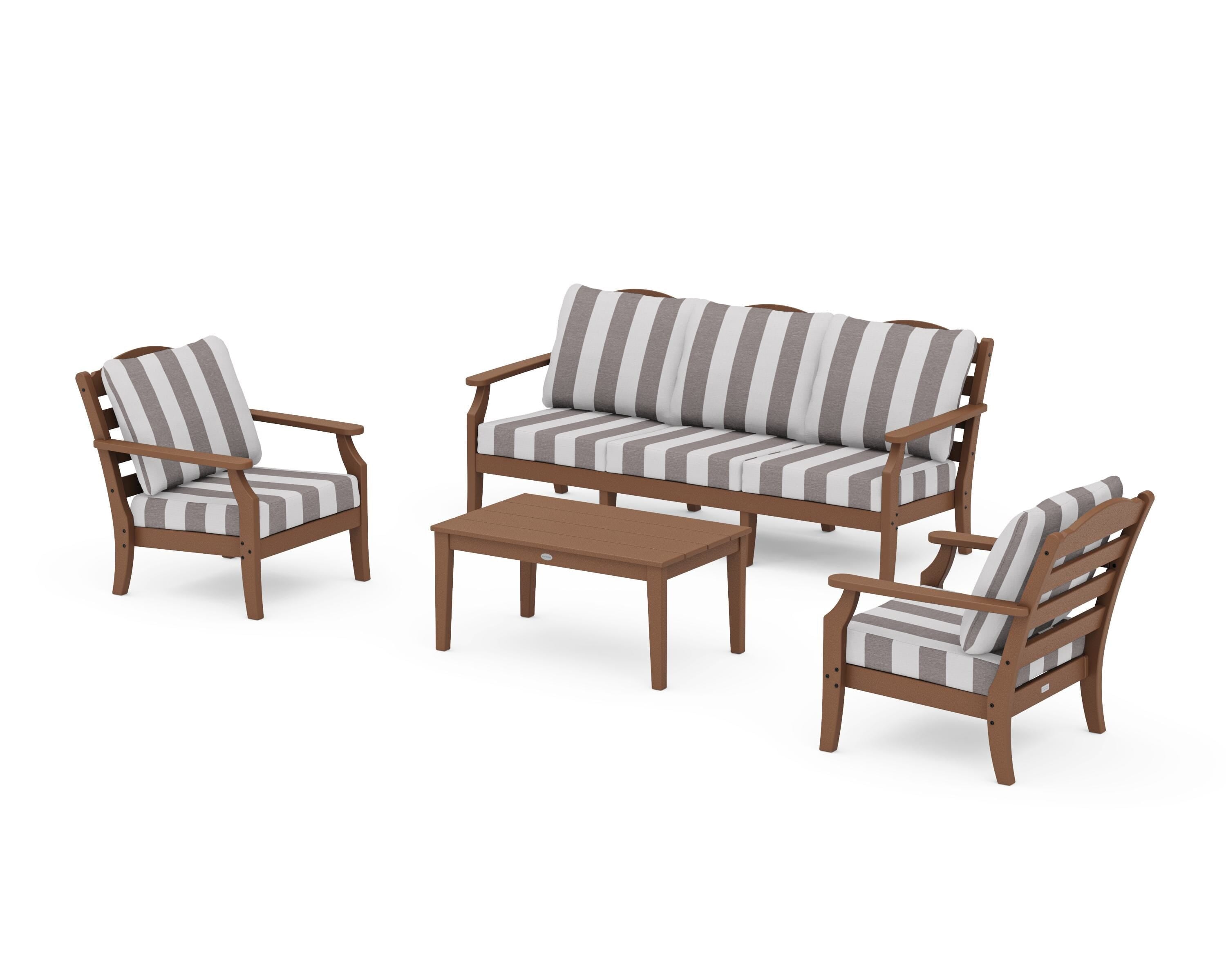 Draper James™ by  POLYWOOD® Savannah 4-Piece Deep Seating Set with Sofa in Teak / Cabana Stripe Grey Mist