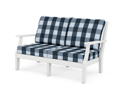Martha Stewart by POLYWOOD® Chinoiserie Deep Seating Loveseat in White / Buffalo Plaid Marine Indigo