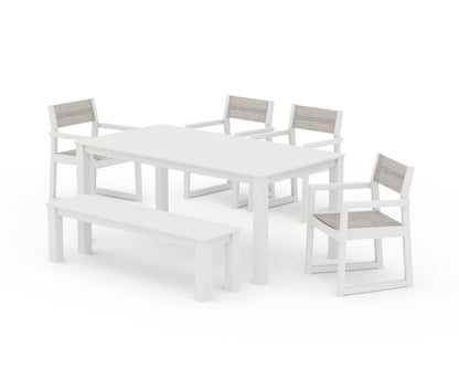 POLYWOOD® EDGE Sling Arm Chair 6-Piece Parsons Dining Set with Bench in White / Birch Sling