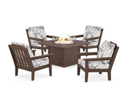 Country Living Cottage 5-Piece Deep Seating Set with Fire Pit Table in Mahogany / Leaf Grey Mist