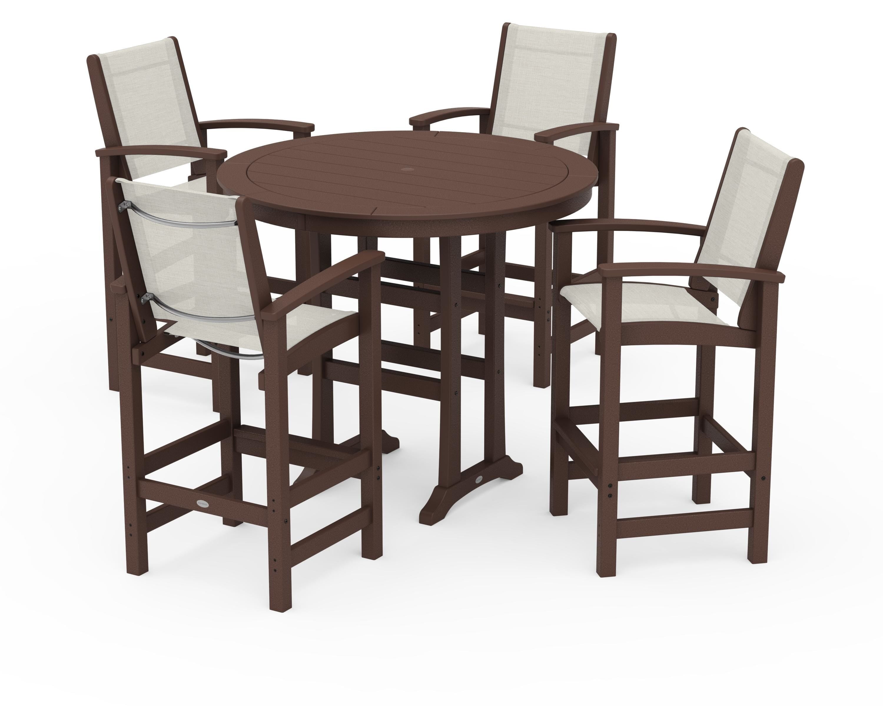 POLYWOOD® Coastal 5-Piece Nautical Trestle Bar Set in Mahogany / Parchment Sling