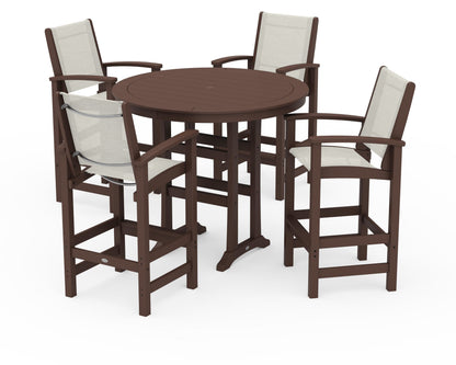 POLYWOOD® Coastal 5-Piece Nautical Trestle Bar Set in Mahogany / Parchment Sling