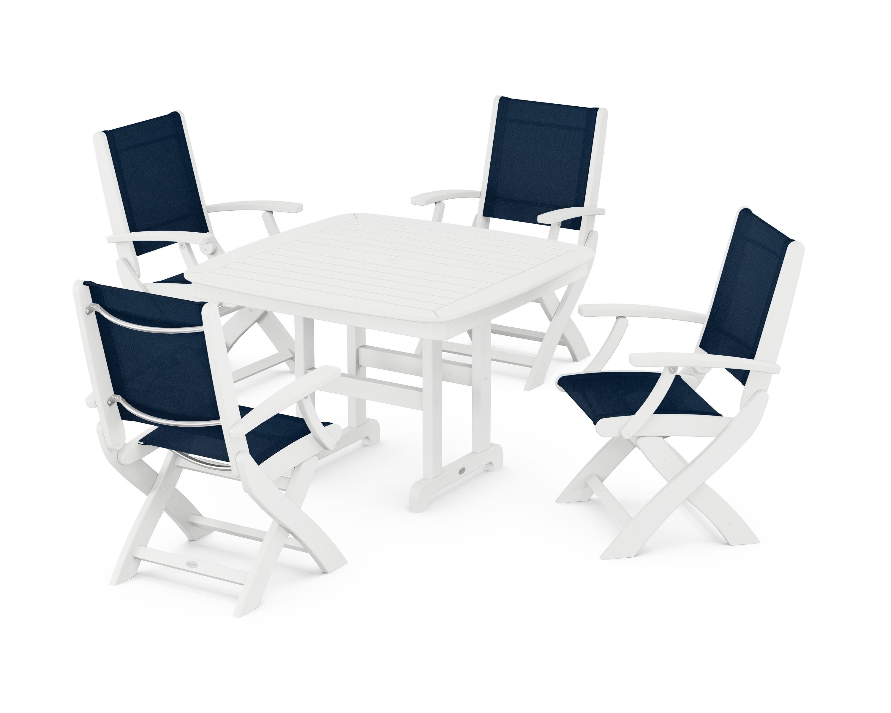 POLYWOOD® Coastal Folding Chair 5-Piece Dining Set in White / Navy Blue Sling